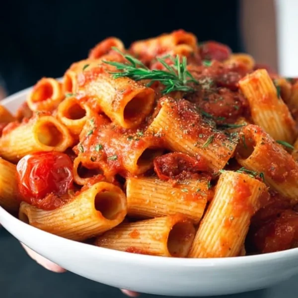 Delicious plate of Arrabbiata Rigatoni topped with fresh herbs and chili flakes.