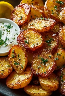 Plate of authentic Greek potatoes garnished with lemon and herbs.