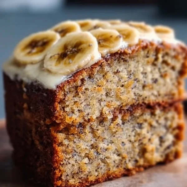 A slice of moist banana bread cake topped with walnuts and fresh banana slices.