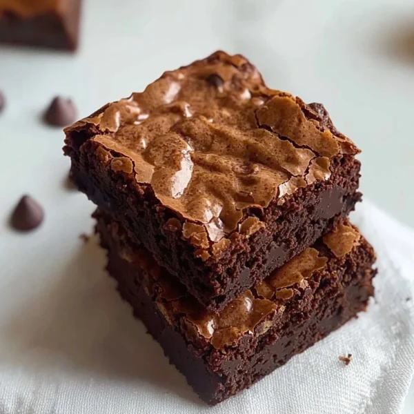 Delicious brown butter brownies topped with chocolate chips on a wooden table.