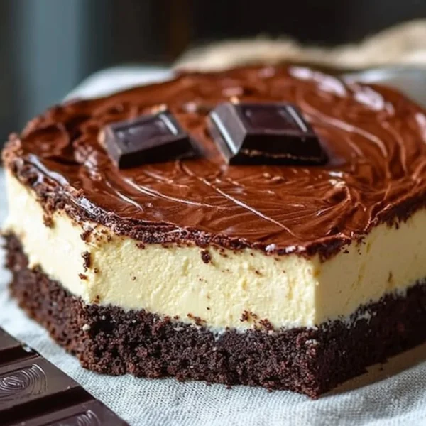 Delicious Brownie Cheesecake with chocolate topping and a slice cut out