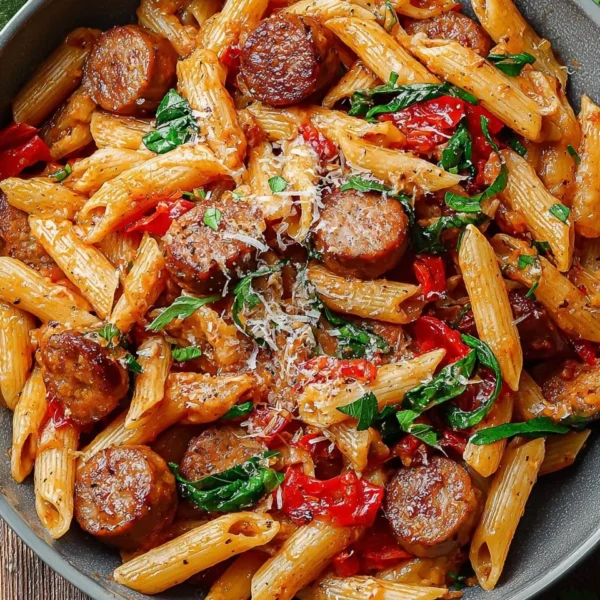 Deliciously creamy Cajun Sausage Pasta garnished with herbs and cheese