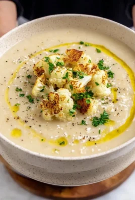 Bowl of creamy cauliflower soup garnished with herbs and spices