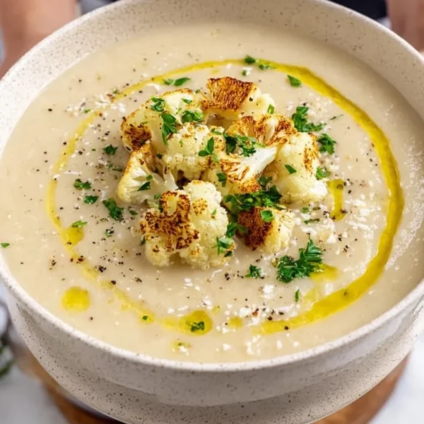 Bowl of creamy cauliflower soup garnished with herbs and spices