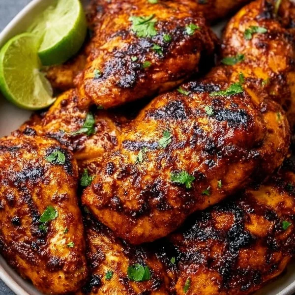 Grilled Chili Lime Chicken garnished with fresh lime and cilantro