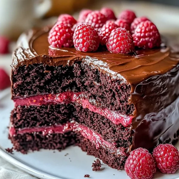 Delicious slice of Chocolate Raspberry Cake with vibrant raspberry topping