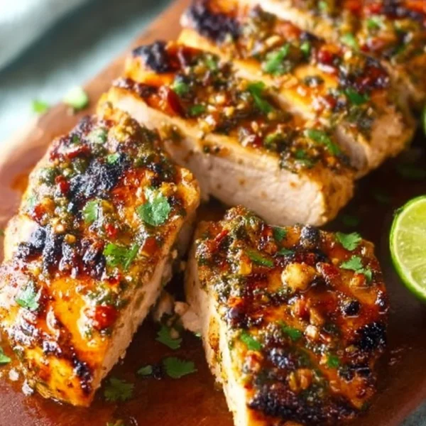 Juicy Cilantro Lime Chicken garnished with fresh cilantro and lime slices.