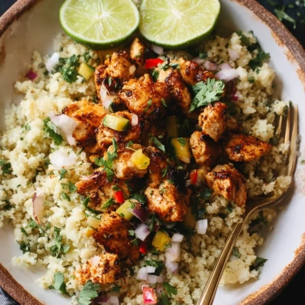 Cilantro lime chicken served with riced cauliflower on a plate.