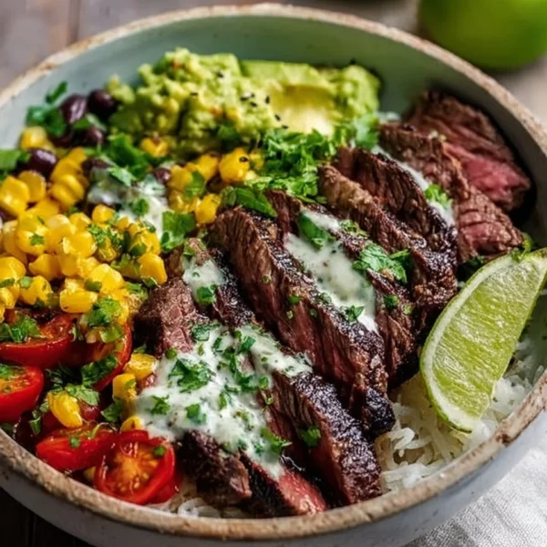 Delicious Cilantro Lime Steak Bowls garnished with fresh cilantro and lime.