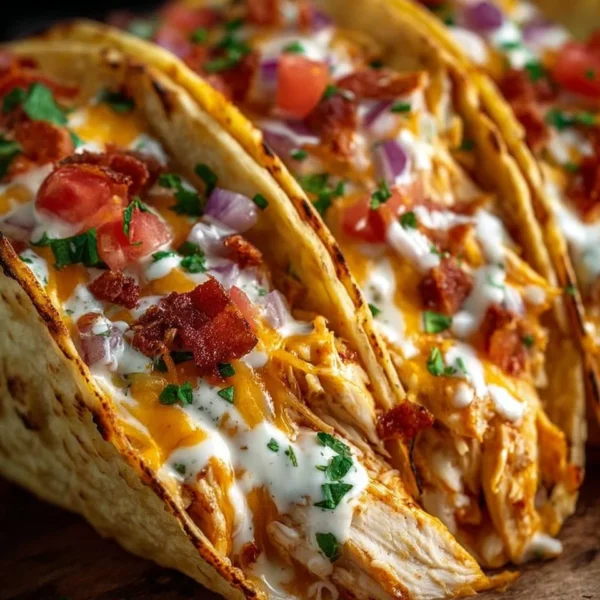 Creamy cheddar ranch chicken tacos served with fresh toppings