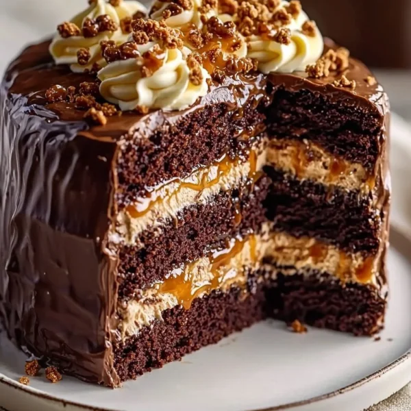 Delicious Chocolate Caramel Toffee Crunch Cake with creamy layers and toffee bits