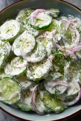 Creamy cucumber salad served in a bowl with fresh herbs and spices.