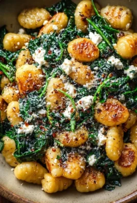 Bowl of creamy gnocchi topped with spinach and feta cheese