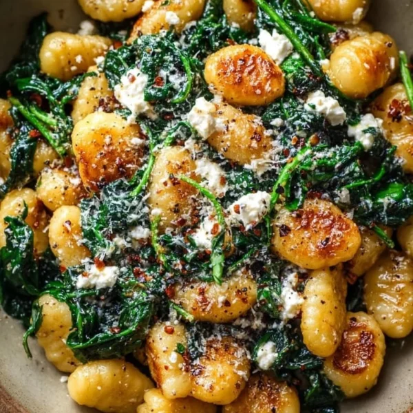 Bowl of creamy gnocchi topped with spinach and feta cheese