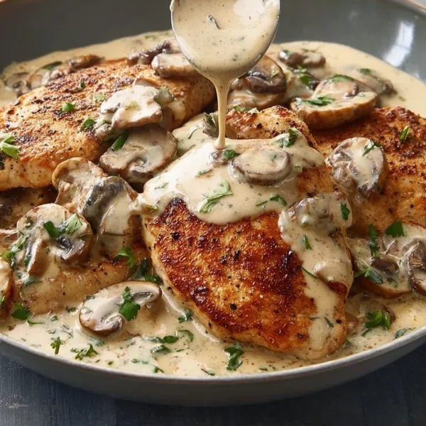 Creamy mushroom chicken dish served with herbs and fresh vegetables