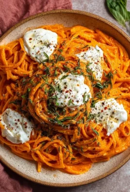 Creamy red pepper pasta with burrata cheese and herbs on a plate