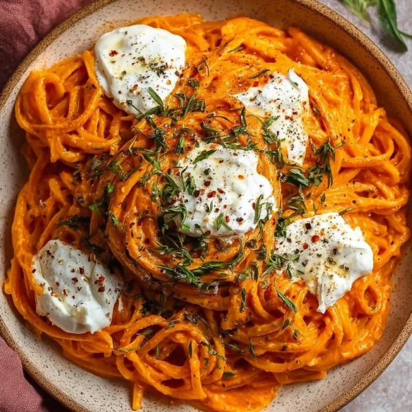 Creamy red pepper pasta with burrata cheese and herbs on a plate