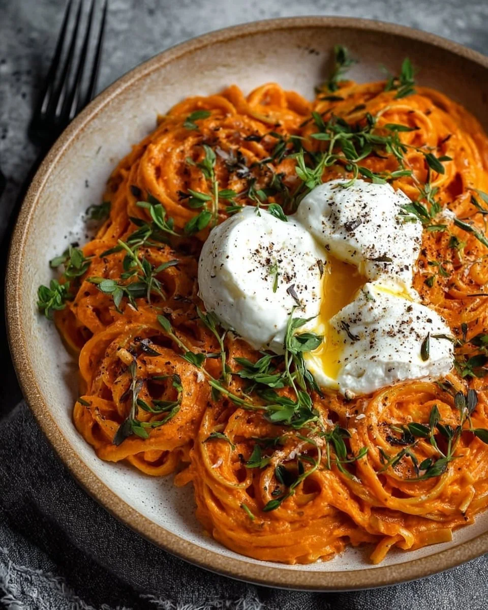 Creamy Red Pepper Pasta with Burrata and Herbs