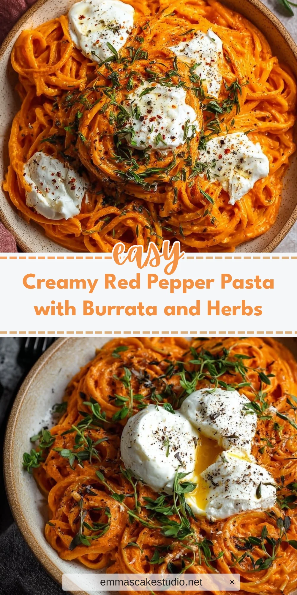 Creamy Red Pepper Pasta with Burrata and Herbs