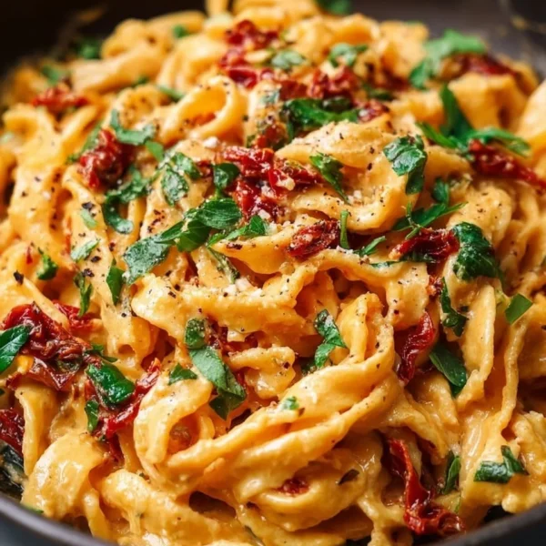 Creamy vegan sun-dried tomato pasta dish garnished with fresh herbs.
