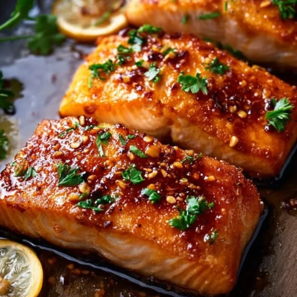 Crispy honey garlic glazed salmon on a plate with vegetables