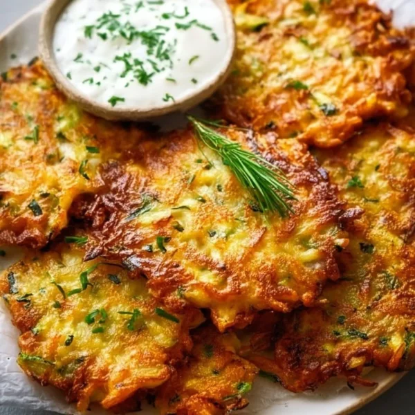 Crispy vegetable fritters served with dipping sauce on a plate.