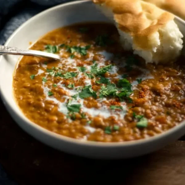 Bowl of flavorful curry lentil soup with vibrant spices and herbs