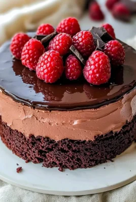 Slice of dark chocolate raspberry mousse cake topped with fresh raspberries