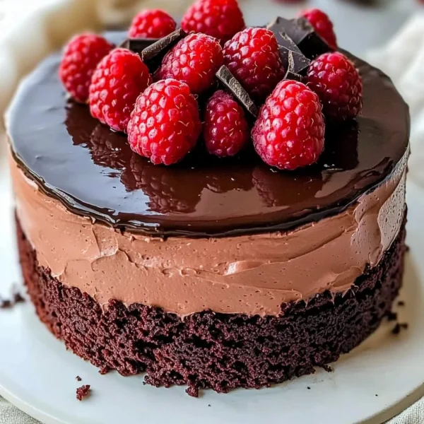 Slice of dark chocolate raspberry mousse cake topped with fresh raspberries