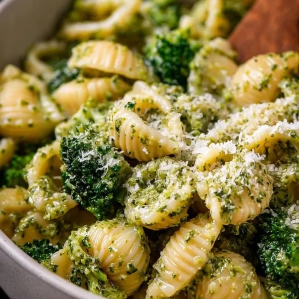 Plate of easy healthy broccoli pasta with garlic and olive oil.