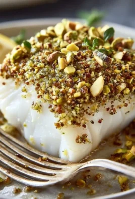 Plate of easy pistachio crusted halibut garnished with herbs and lemon.