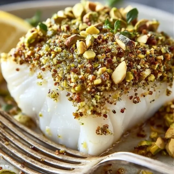 Plate of easy pistachio crusted halibut garnished with herbs and lemon.