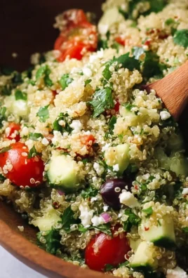 Bowl of easy quinoa salad with fresh vegetables and dressing.