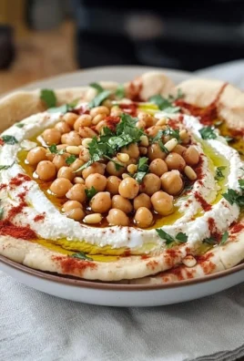 A plate of Fatteh topped with yogurt, chickpeas, and pine nuts.