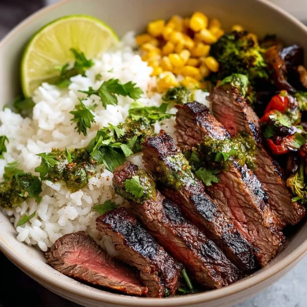 A flavorful flank steak bowl topped with fresh vegetables and spices.