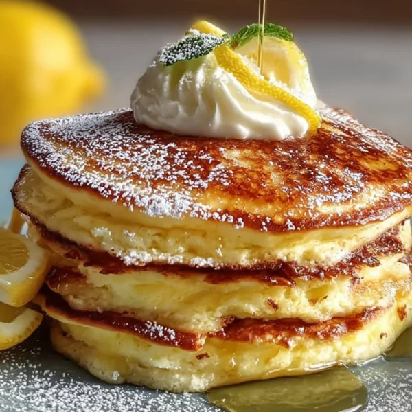 Fluffy lemon ricotta pancakes stacked on a plate with syrup and lemon zest
