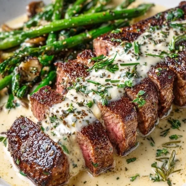 Garlic Butter Steak topped with creamy Parmesan sauce served on a plate.