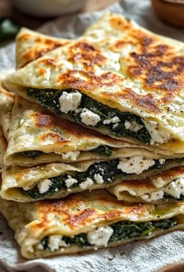 Delicious Gozleme filled with Spinach and Feta on a wooden table.