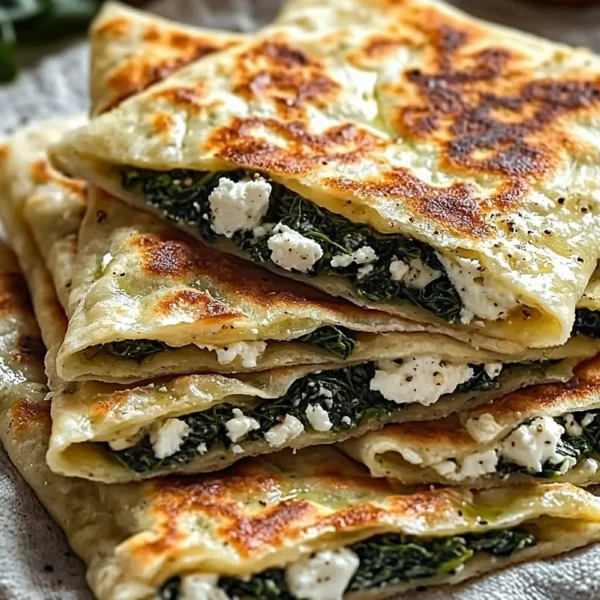 Delicious Gozleme filled with Spinach and Feta on a wooden table.