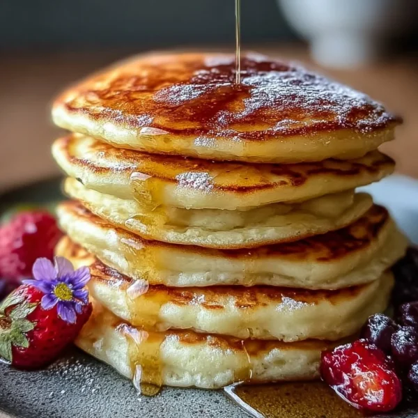 Fluffy Greek Yogurt Pancakes stacked with fresh fruit and maple syrup