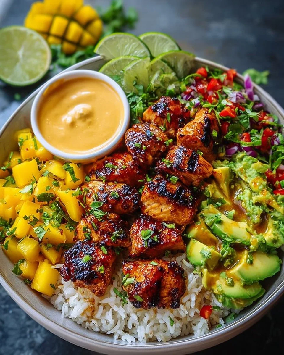 Grilled Maple Sriracha Chicken Bites with Coconut Rice & Mango Avocado Salsa Bowl with Chili Mayo