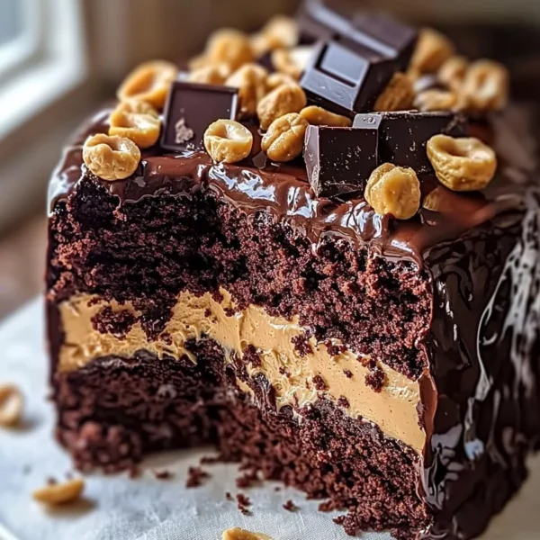 Heavenly chocolate peanut butter ooey gooey cake with a rich slice shown on a plate