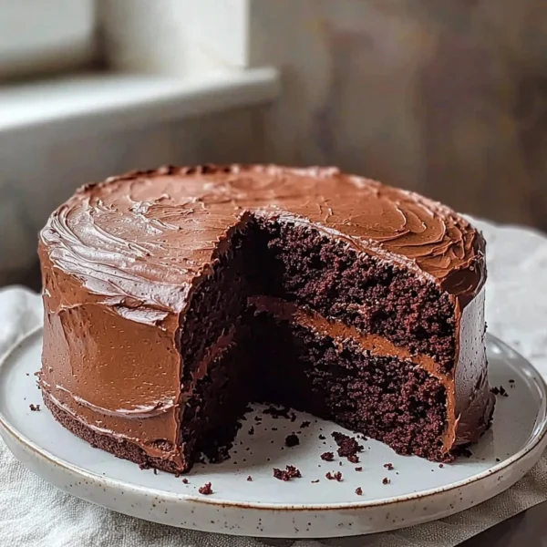 Delicious homemade Hershey Chocolate Cake topped with chocolate frosting