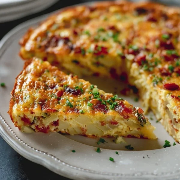 Ina Garten's bacon potato frittata topped with fresh herbs and crispy bacon