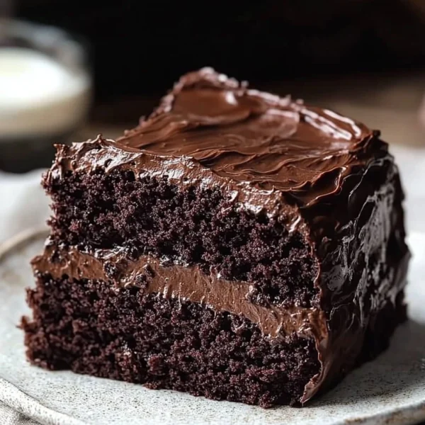 Delicious slice of Ina Garten's chocolate fudge cake topped with chocolate ganache.