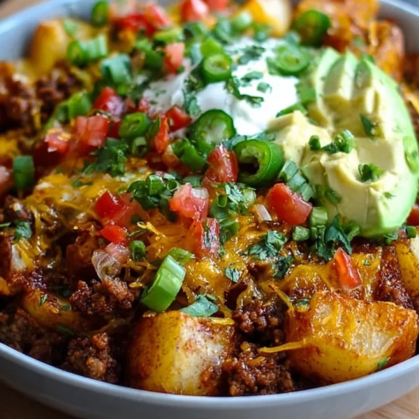 Loaded Potato Taco Bowl topped with fresh ingredients and spices