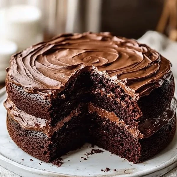 Delicious Matilda's Chocolate Cake topped with rich chocolate frosting.