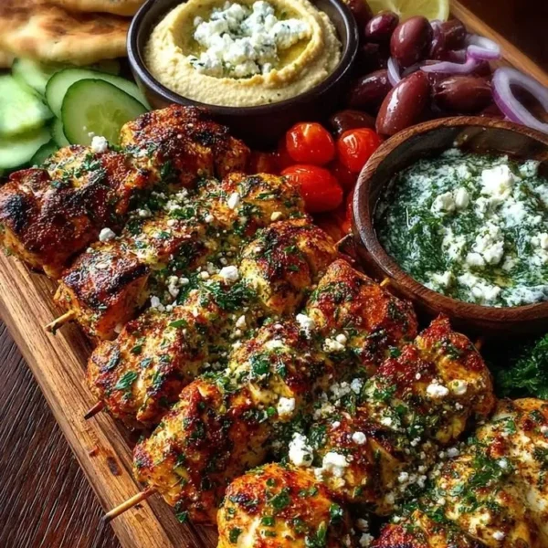Mediterranean chicken skewers with mezze platter for a delicious dinner