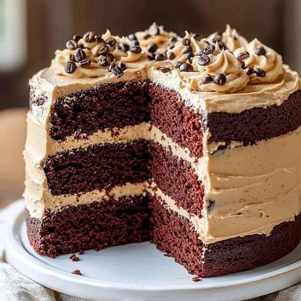 Moist chocolate layer cake with coffee buttercream icing on a decorative plate