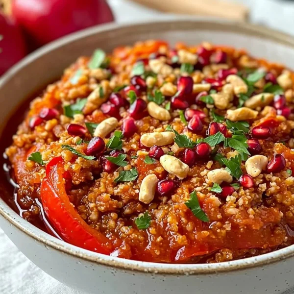 Bowl of muhammara, a flavorful Syrian dip made from red peppers and walnuts.